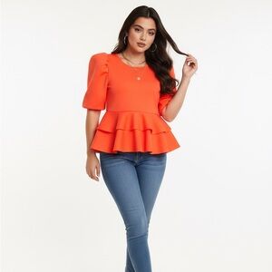 Womens Sexy Diva Orange Peplum Blouse 1X Puff Sleeves Tiered Ruffle Curvy Trendy